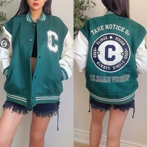 Climaxvision Heavyweight Varsity Jacket Green Faux Suede Leather Sleeves L